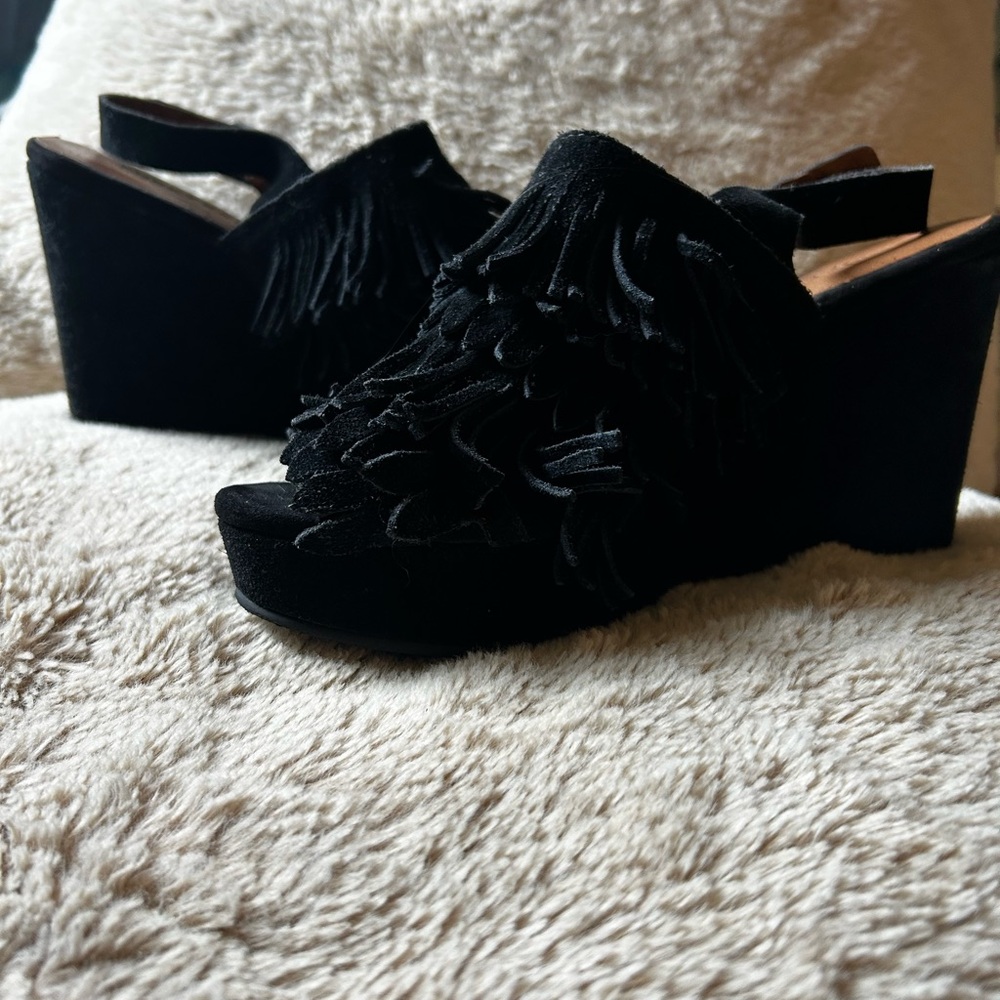 Black Fringe Wedge Sandals